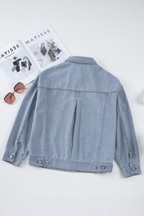 Washed Striped Pattern Casual Pocketed Denim Jacket