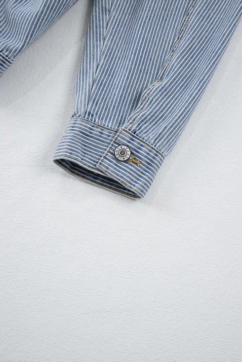 Washed Striped Pattern Casual Pocketed Denim Jacket