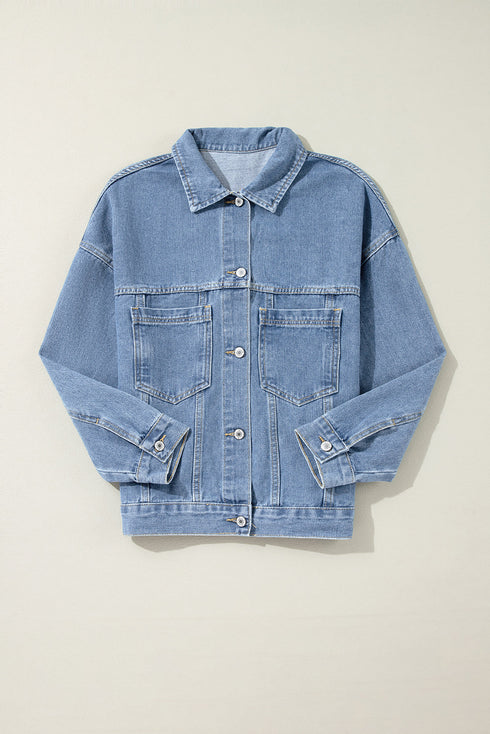 Washed Striped Pattern Casual Pocketed Denim Jacket