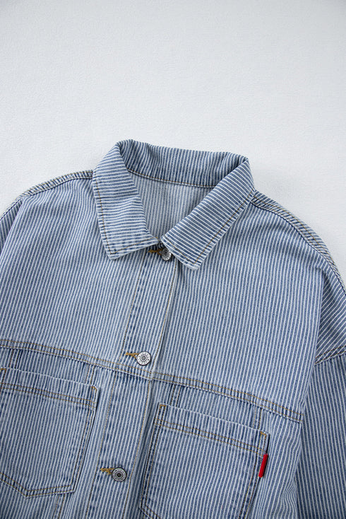 Washed Striped Pattern Casual Pocketed Denim Jacket