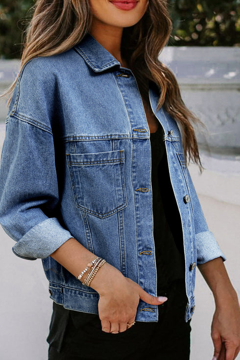 Washed Striped Pattern Casual Pocketed Denim Jacket