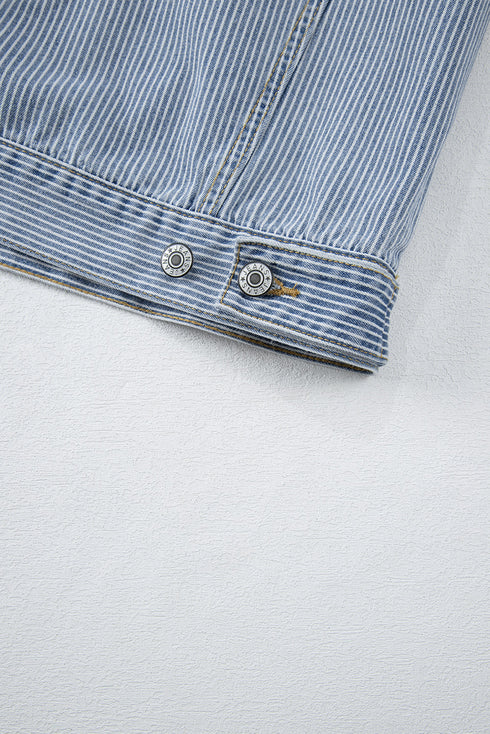 Washed Striped Pattern Casual Pocketed Denim Jacket