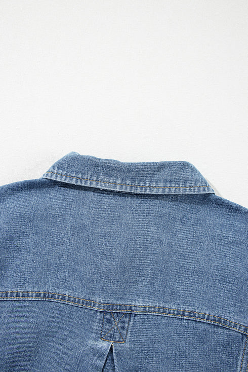 Washed Striped Pattern Casual Pocketed Denim Jacket