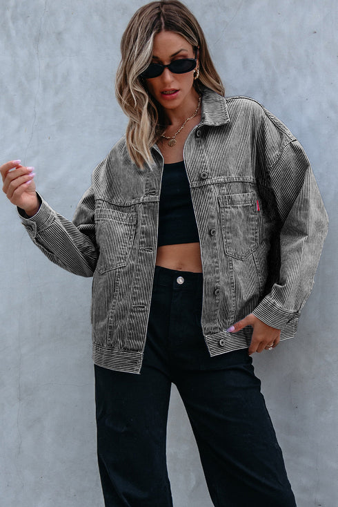 Washed Striped Pattern Casual Pocketed Denim Jacket