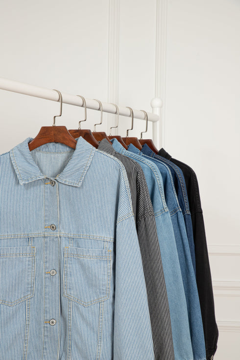 Washed Striped Pattern Casual Pocketed Denim Jacket