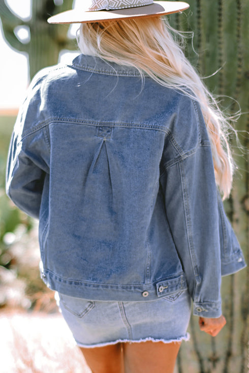 Washed Striped Pattern Casual Pocketed Denim Jacket