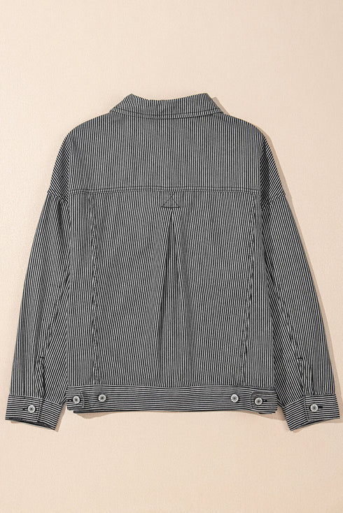 Washed Striped Pattern Casual Pocketed Denim Jacket