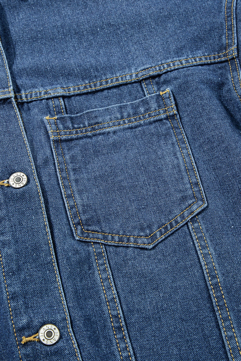 Washed Striped Pattern Casual Pocketed Denim Jacket