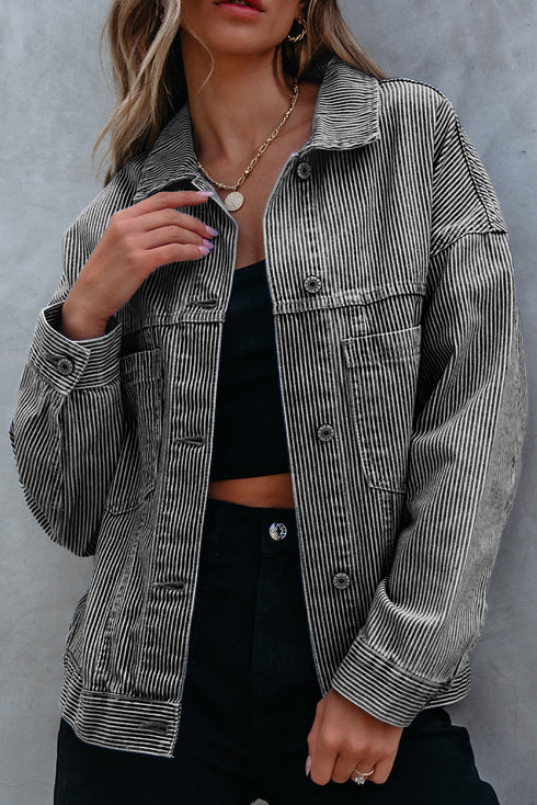 Washed Striped Pattern Casual Pocketed Denim Jacket