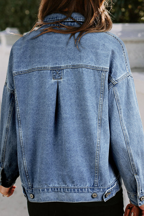 Washed Striped Pattern Casual Pocketed Denim Jacket