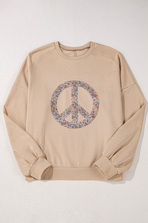 Washed Terry Floral Peace Sign Graphic Applique Sweatshirt