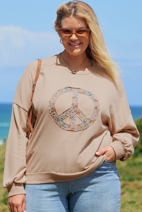 Washed Terry Floral Peace Sign Graphic Applique Sweatshirt