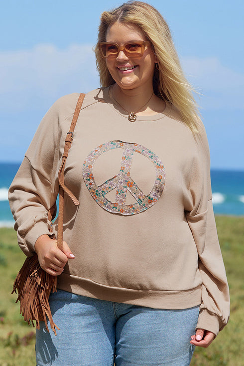 Washed Terry Floral Peace Sign Graphic Applique Sweatshirt