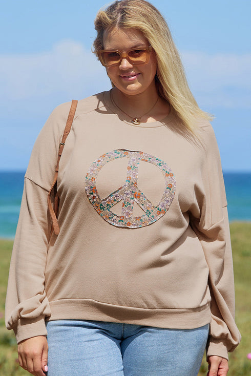 Washed Terry Floral Peace Sign Graphic Applique Sweatshirt