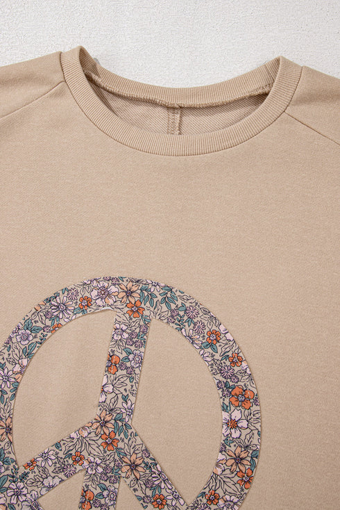 Washed Terry Floral Peace Sign Graphic Applique Sweatshirt