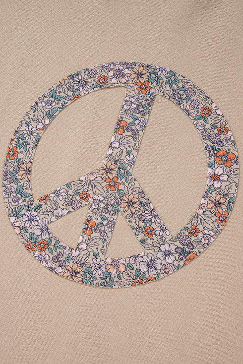 Washed Terry Floral Peace Sign Graphic Applique Sweatshirt