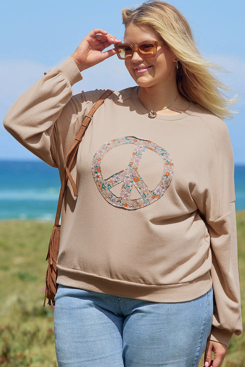 Washed Terry Floral Peace Sign Graphic Applique Sweatshirt