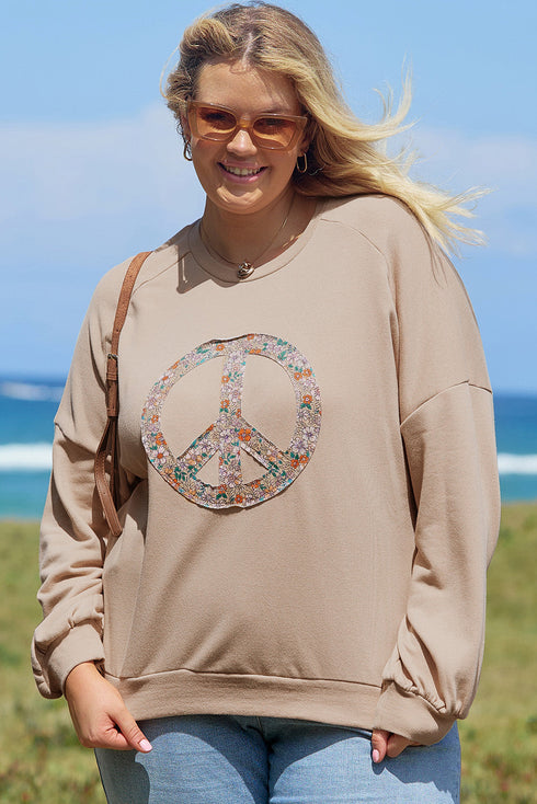 Washed Terry Floral Peace Sign Graphic Applique Sweatshirt