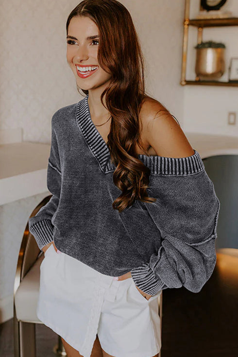 Washed Texture Exposed Seam V Neck Sweater