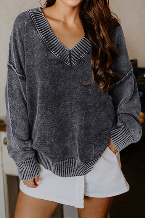 Washed Texture Exposed Seam V Neck Sweater
