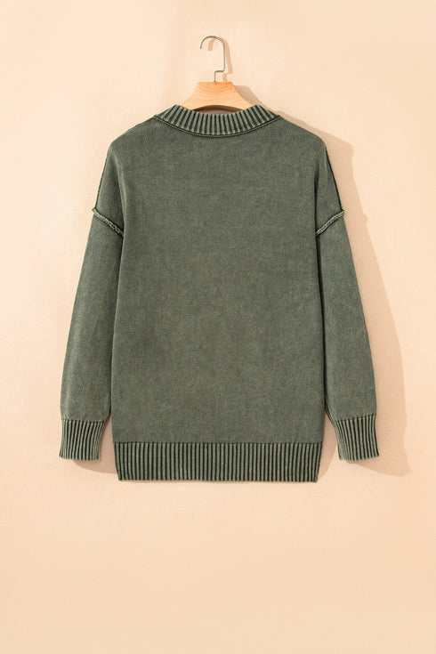 Washed Texture Exposed Seam V Neck Sweater