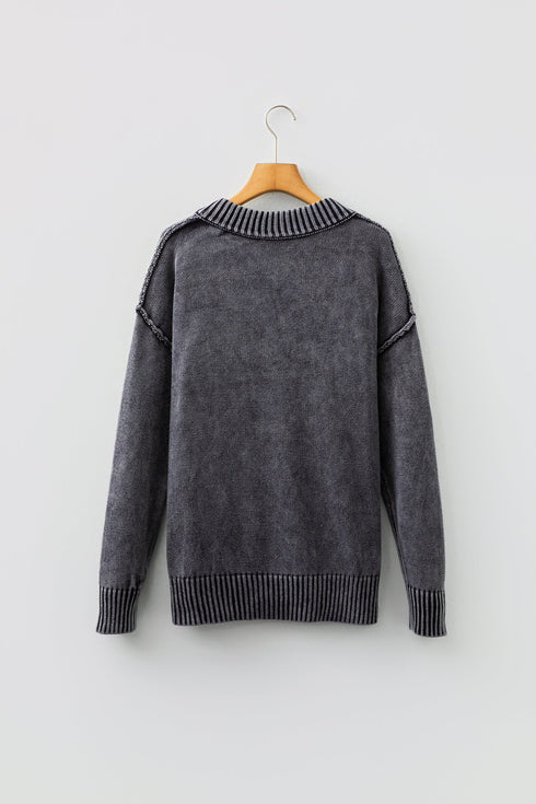 Washed Texture Exposed Seam V Neck Sweater