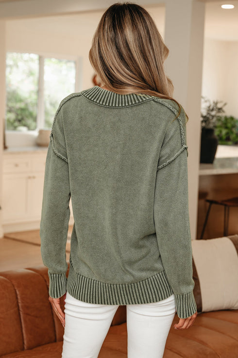 Washed Texture Exposed Seam V Neck Sweater