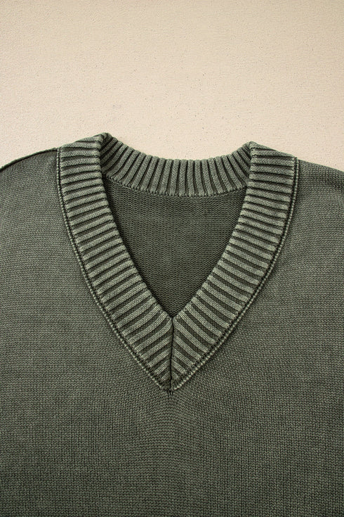 Washed Texture Exposed Seam V Neck Sweater