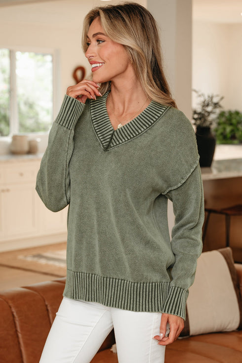 Washed Texture Exposed Seam V Neck Sweater