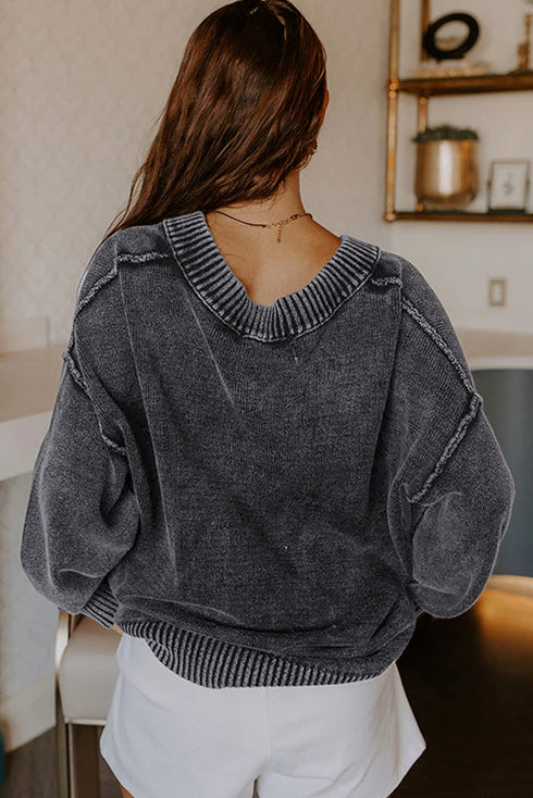Washed Texture Exposed Seam V Neck Sweater
