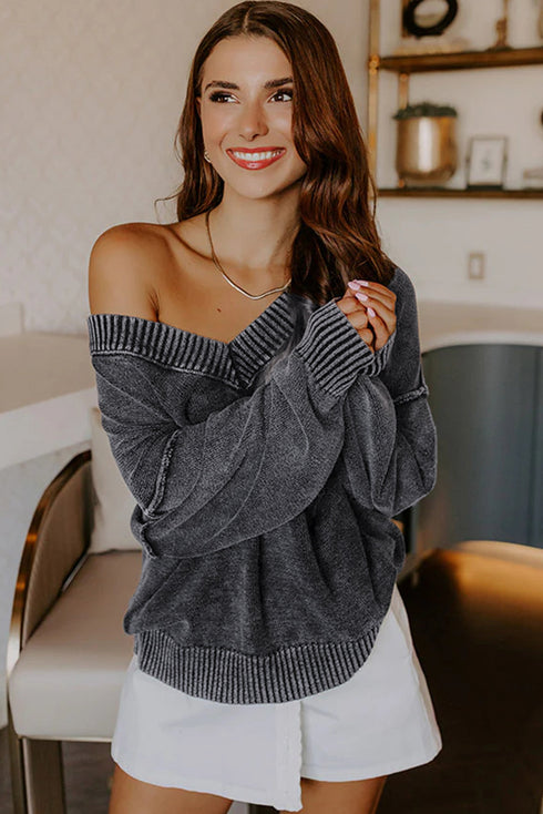 Washed Texture Exposed Seam V Neck Sweater