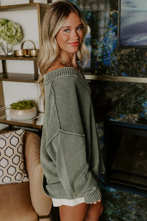 Washed Texture Exposed Seam V Neck Sweater