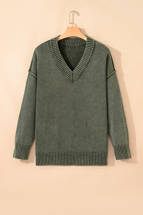 Washed Texture Exposed Seam V Neck Sweater