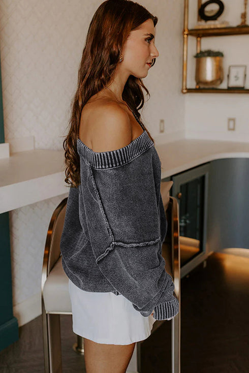 Washed Texture Exposed Seam V Neck Sweater