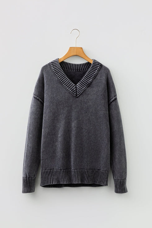 Washed Texture Exposed Seam V Neck Sweater