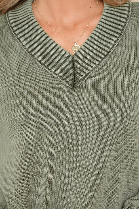 Washed Texture Exposed Seam V Neck Sweater