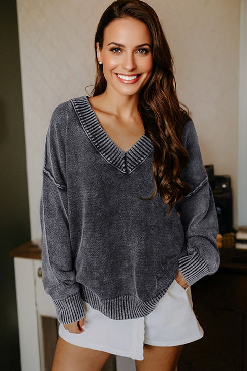 Washed Texture Exposed Seam V Neck Sweater