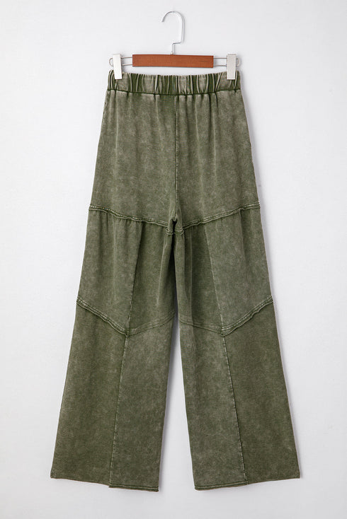 Washed Tiered Patchwork Drawstring Wide Leg Pants