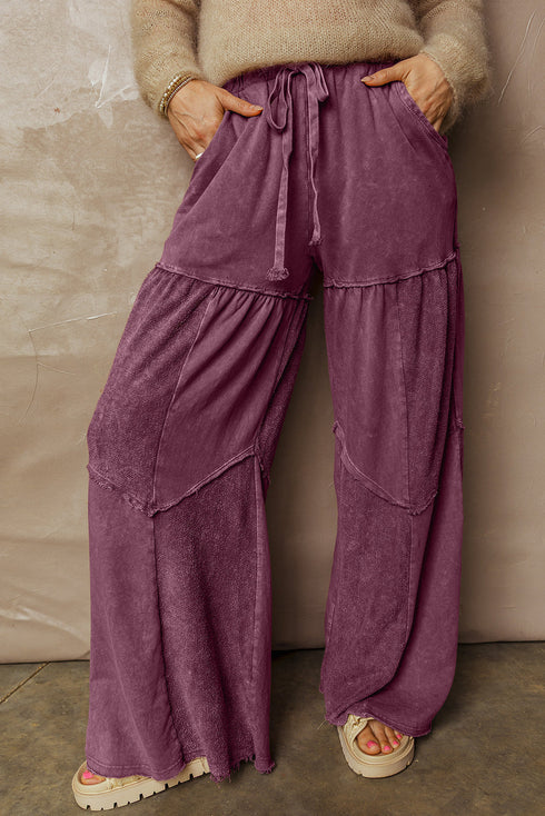 Washed Tiered Patchwork Drawstring Wide Leg Pants