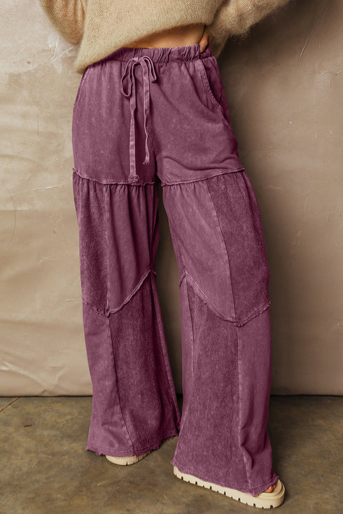 Washed Tiered Patchwork Drawstring Wide Leg Pants