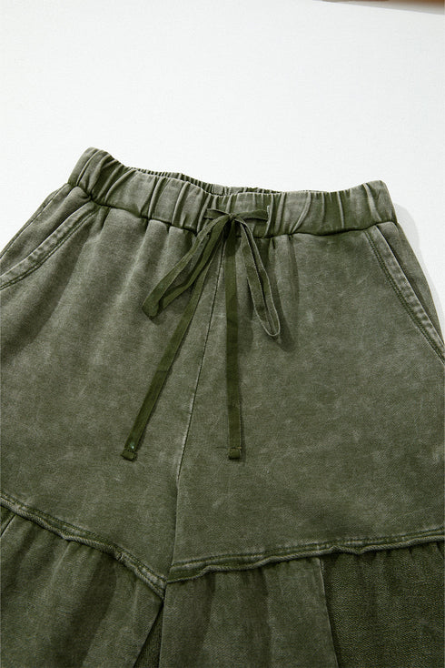 Washed Tiered Patchwork Drawstring Wide Leg Pants