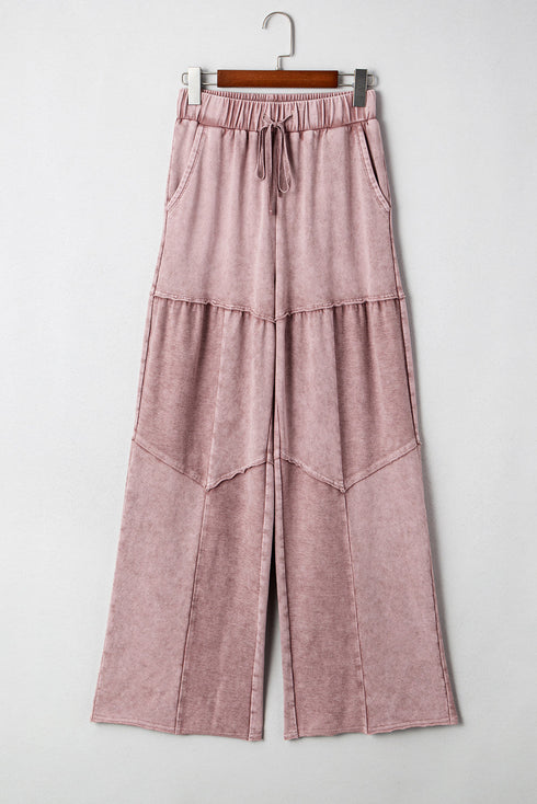Washed Tiered Patchwork Drawstring Wide Leg Pants