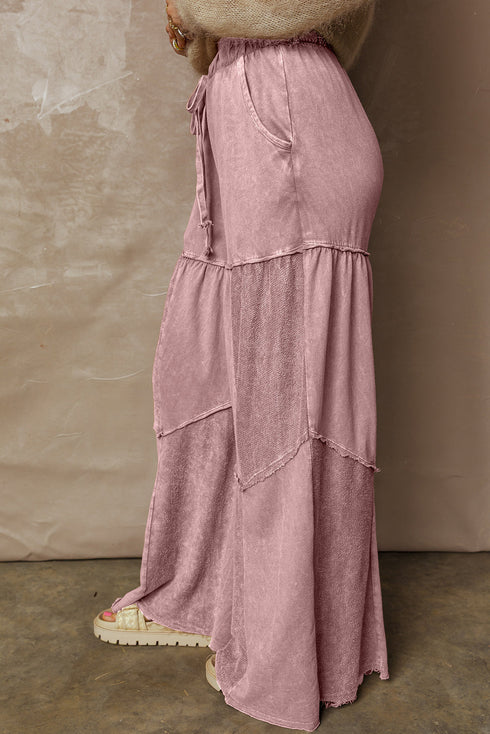 Washed Tiered Patchwork Drawstring Wide Leg Pants
