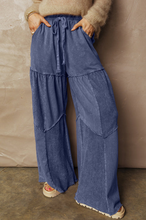 Washed Tiered Patchwork Drawstring Wide Leg Pants