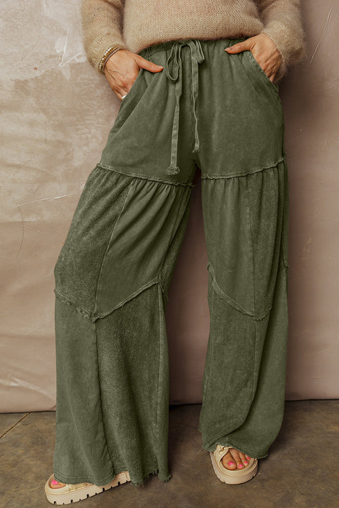 Washed Tiered Patchwork Drawstring Wide Leg Pants