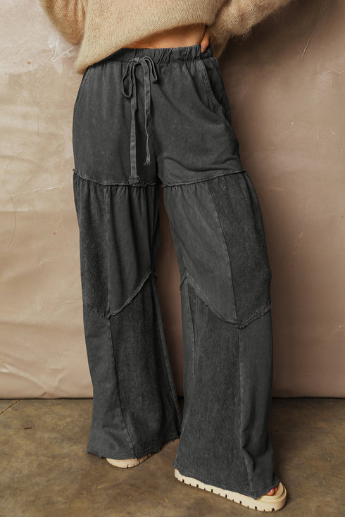 Washed Tiered Patchwork Drawstring Wide Leg Pants