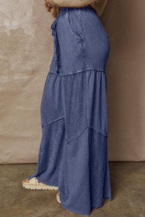 Washed Tiered Patchwork Drawstring Wide Leg Pants