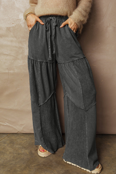 Washed Tiered Patchwork Drawstring Wide Leg Pants