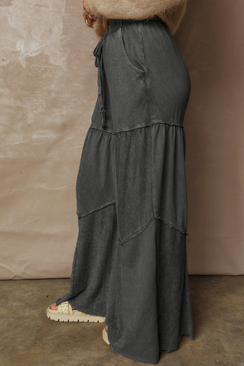 Washed Tiered Patchwork Drawstring Wide Leg Pants