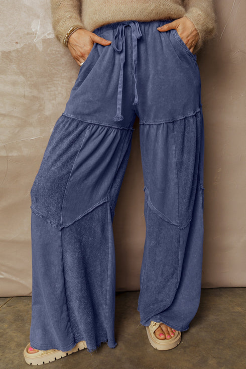Washed Tiered Patchwork Drawstring Wide Leg Pants